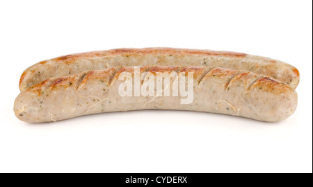 Two grilled sausages. Isolated on white background Stock Photo