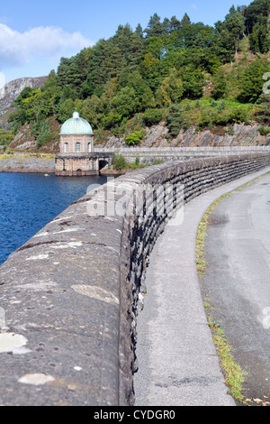 Foel tower and Garreg Ddu dam at Elan valley, mid Wales, UK, taken from the road that crosses the dam Stock Photo