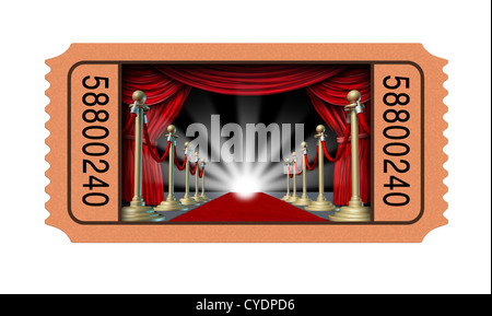 Cinema ticket and movie stub with an open window into a theater on a red carpet and velvet curtains with brass partitions leading to a glowing spot light as an entertainment concept isolated on a white background. Stock Photo