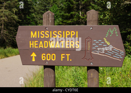 Mississippi headwaters sign in Lake Itasca State Park, Northern Minnesota. Stock Photo