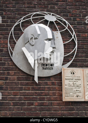 Relief in Oslo Norway to honor Fridtjof Nansen for setting up Nansen passport international refugee travel document 1921,detail Stock Photo