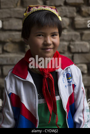 Young Uyghur Pioneer Girl, Keriya, Old Town, Keriya, Xinjiang Uyghur Autonomous Region, China Stock Photo