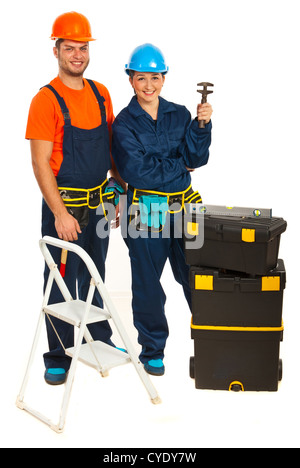 Happy workers team with tools boxes isolated on white background Stock Photo