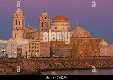 Spain, Andalucia Region, Cadiz Province, Cadiz, Cathedral, dusk Stock Photo