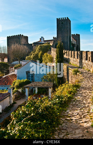 Obidos, Portugal: Street view of the medieval walled city Stock Photo