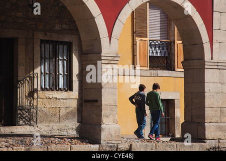 Spain, Asturias Region, Asturias Province, Aviles, Old Town buildings and cafes Stock Photo