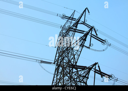 Electricity pole with high voltage power Stock Photo