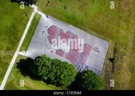 The Netherlands, Westerbork, Monument at Westerbork Nazi transit camp during World War II. Aerial. Stock Photo