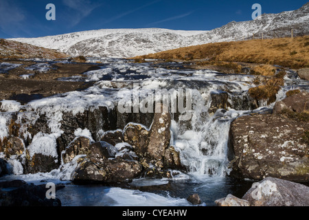 Frozen Waterfall on Nantygwryd with Glyder Fawr in the background Stock Photo