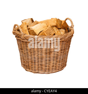 Traditional wicker log basket with oak logs isolated against a white background Stock Photo