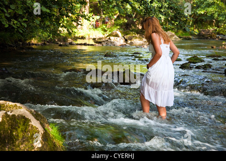 Girls With White Wet Dress Walking Cross The Stream, Cold Water, Eco