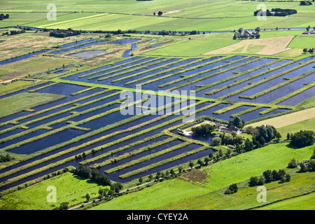 The Netherlands, Spanga, Landscape of water and small strips of land as a result of digging peat. Aerial. Stock Photo