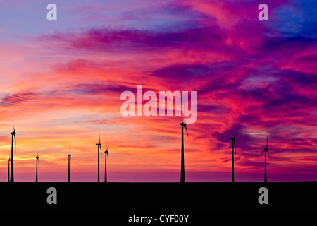 The Netherlands, Eemsmond, Eemshaven. Wind turbines. Sunset. Stock Photo
