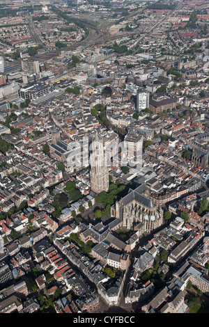 The Netherlands, Utrecht. St. Martin's Cathedral or Dom Church with the Dom Tower (112 m). Aerial. Stock Photo