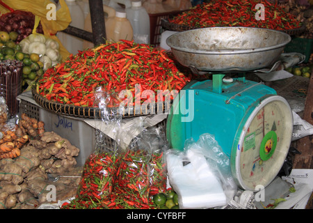 Chilli peppers at the Central Market, Julan Tun Fuad Stephens, Kota Kinabalu, Sabah, Borneo, Malaysia, Southeast Asia Stock Photo