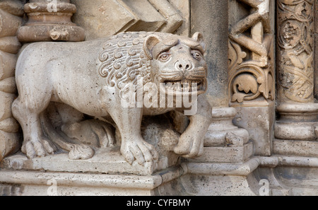 BUDAPEST - SEPTEMBER 22: Detail of lion from the west portal of gothic Church of Jak near of Vajdahunyad castle Stock Photo