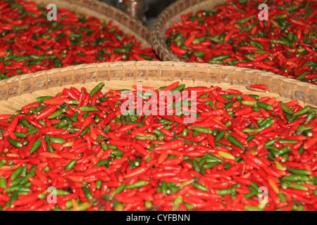 Chilli peppers at the Central Market, Julan Tun Fuad Stephens, Kota Kinabalu, Sabah, Borneo, Malaysia, Southeast Asia Stock Photo