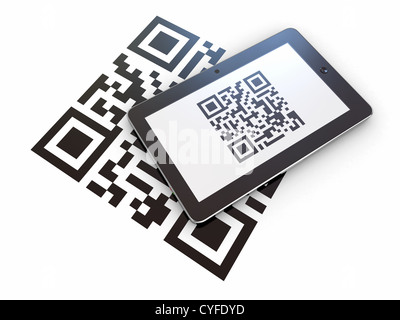 Tablet pc scanning qr code on white background. 3d Stock Photo