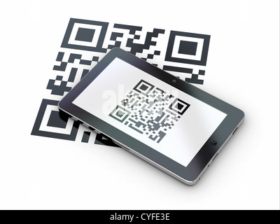 Tablet pc scanning qr code on white background. 3d Stock Photo