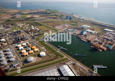 The Netherlands, Vlissingen, Industrial area near Westerschelde river. Aerial. Stock Photo