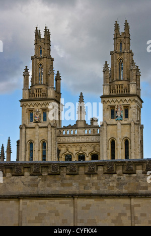 Twin towers of All Souls College Cattle Street Oxford Oxfordshire England Europe Stock Photo
