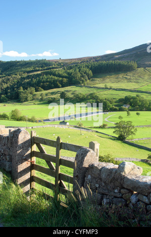 View from above Burnsall, Wharfedale, Yorkshire Dales, England, UK, August Stock Photo