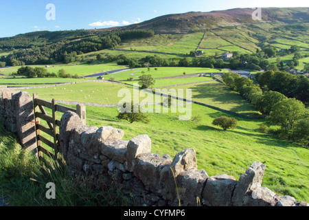 View from above Burnsall, Wharfedale, Yorkshire Dales, England, UK, August Stock Photo