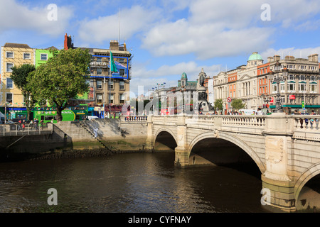 The famous O'Connell Bridge crossing over the River Liffey in city centre from Aston Quay, Dublin, Republic of Ireland, Eire Stock Photo