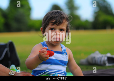 10 month old baby eating a strawberry outdoors in England. Stock Photo