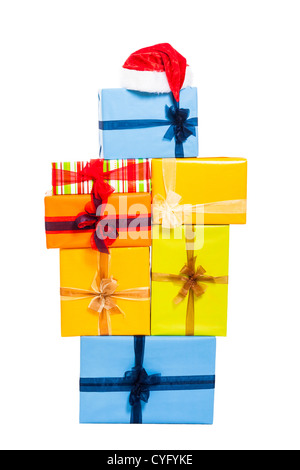 Christmas colorful gift boxes with ribbon, isolated on white background. Stock Photo
