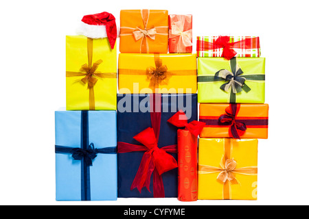 Christmas colorful gift boxes with ribbon, isolated on white background. Stock Photo