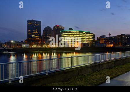 Evening Cityscape of Dayton, Ohio, USA. Key Bank logo visible. Stock Photo