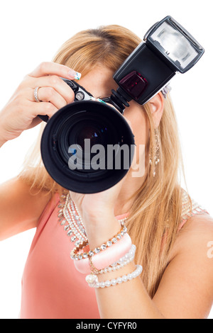 Close up of female photographer, isolated on white background. Stock Photo