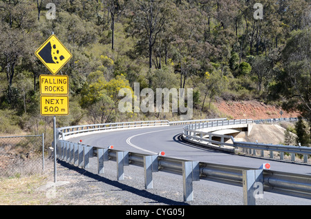 Falling rocks roadside sign. Esk-Kilcoy Road Queensland Australia Stock ...