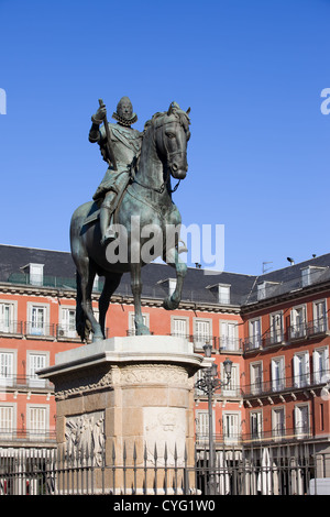 Bronze equestrian statue of King Philip III from 1616 at the Plaza Mayor in Madrid, Spain. Stock Photo