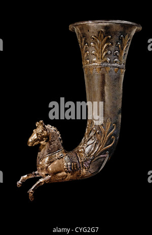 Horse Rhyton Gilt silver libation vessel vase for drinking Greek Greco Parthian  Hellenistic 2nd Century BC Greece Stock Photo