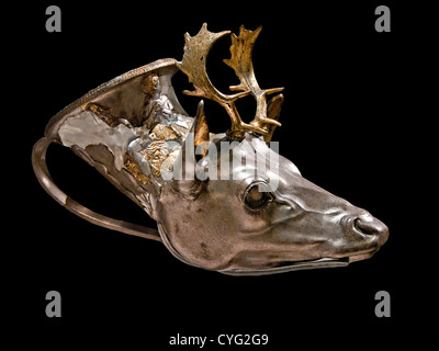 Gilt silver rhyton libation vessel in the form of a stag's Head  Greek Late Classical or Early Hellenistic 4th Century BC Greece Stock Photo