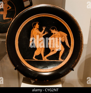 playing double flute skyphos deep drinking cup Terracotta plate Paseas Archaic 510 B.C. Greek  Attic Dimensions: 19 cm Vase Stock Photo