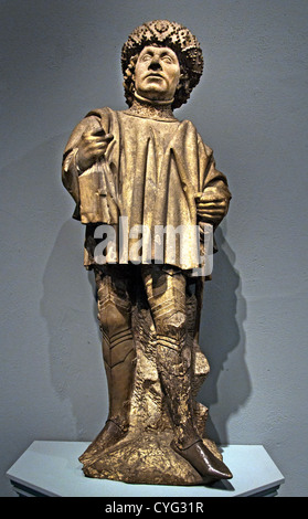 15th-century North Netherlandish limestone sculpture of Saint Bavo wearing medieval armor and a chaperon hat, carved in Utrecht, Netherlands 1460 Stock Photo