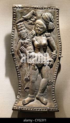 Yakshi Holding a Crowned Child with a Visiting Parrot  Shunga 1st century B.C. India Bengal Terracotta 24cm Stock Photo