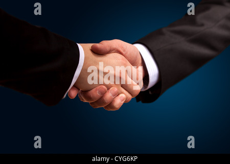 Closeup of a business hand shake between two colleagues Stock Photo