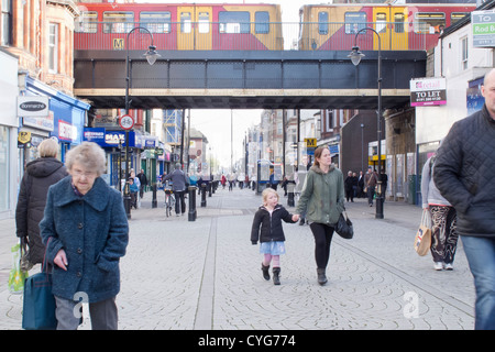 King Street is South Shields' main shopping street, pedestrianised in the 1980s. The Metro station can be seen above the street, Stock Photo