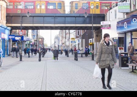 King Street is South Shields' main shopping street, pedestrianised in the 1980s. The Metro station can be seen above the street, Stock Photo