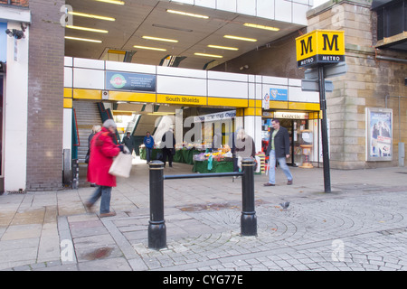 King Street is South Shields' main shopping street, pedestrianised in the 1980s. The Metro station can be seen above the street, Stock Photo