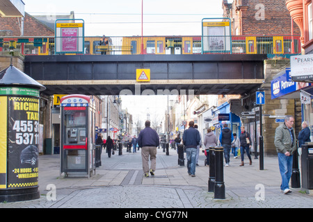 King Street is South Shields' main shopping street, pedestrianised in the 1980s. The Metro station can be seen above the street, Stock Photo