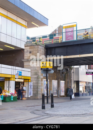 King Street is South Shields' main shopping street, pedestrianised in the 1980s. The Metro station can be seen above the street, Stock Photo