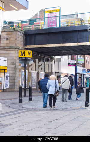 King Street is South Shields' main shopping street, pedestrianised in the 1980s. The Metro station can be seen above the street, Stock Photo