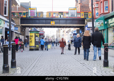 King Street is South Shields' main shopping street, pedestrianised in the 1980s. The Metro station can be seen above the street, Stock Photo