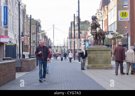 King Street is South Shields' main shopping street, pedestrianised in the 1980s. The Metro station can be seen above the street, Stock Photo