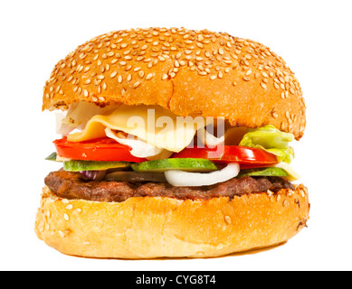 Tasty burger with vegetables isolated on white Stock Photo